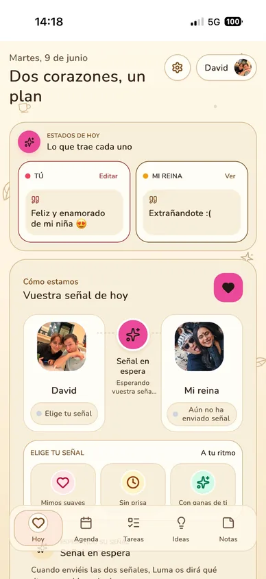 Pantalla Hoy con estados, señal del día y próximos planes